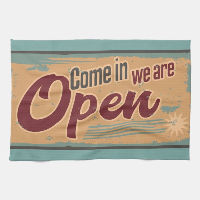 Vintages offenes Geschäftszeichen Retro-Café-Garag Geschirrtuch (Horizontal)