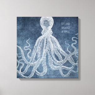 Vintages Oktopus Twilight Blue Watercolor Zitat Leinwanddruck