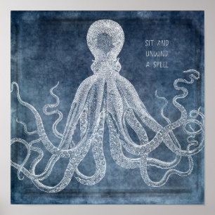 Vintages Oktopus Twilight Blue Watercolor Zitat Poster
