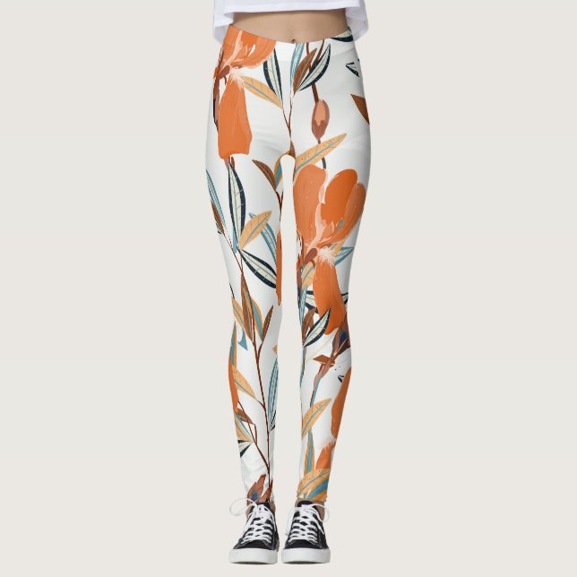 Vintages Orange Iris Blumenmuster Leggings (Vorderseite)