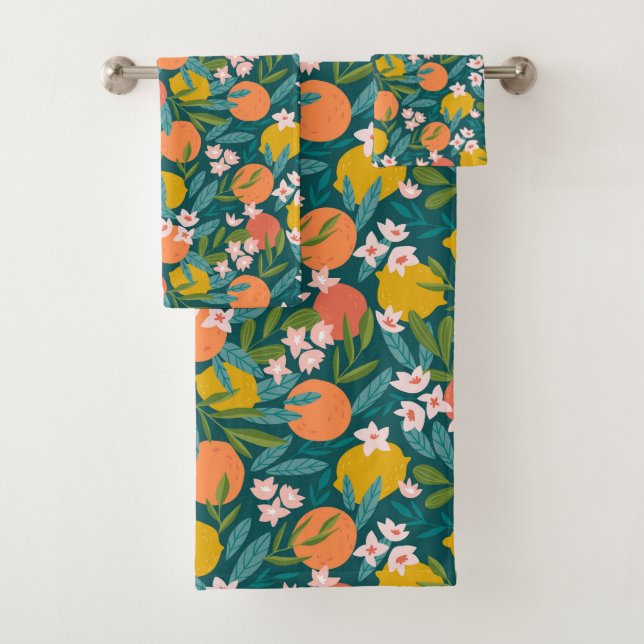 Vintages Orange & Lemon Blossom Muster Badhandtuch Set (Insitu)