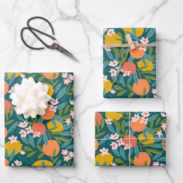 Vintages Orange & Lemon Blossom Muster Geschenkpapier Set (Vorderseite)