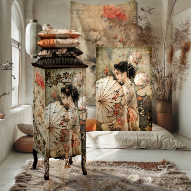 Vintages Oriental Geisha Portrait Art Seidenpapier (Chinoiserie, Vintage Oriental Geisha, Parasol, Lanterns & Floral Furniture Decoupage Tissue Paper.)