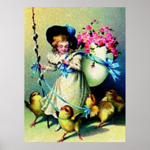 Vintages OsterGirl und Baby Chicks Poster