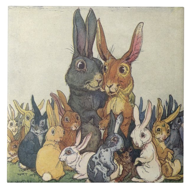 Vintages Osterhasen-Kaninchen und Familie 6" Fliese (Vorderseite)