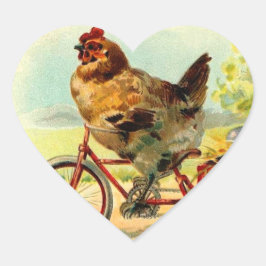 Vintages Osterhühnchen auf dem Fahrrad Herz-Aufkleber