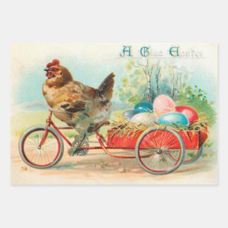 Vintages Osterhühnchen Reiten eines Fahrrad Ostere Geschenkpapier Set