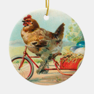 Vintages Osterhühnchen Reiten eines Fahrrad Ostere Keramik Ornament