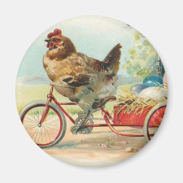 Vintages Osterhühnchen Reiten eines Fahrrad Ostere Magnet (Vorne)