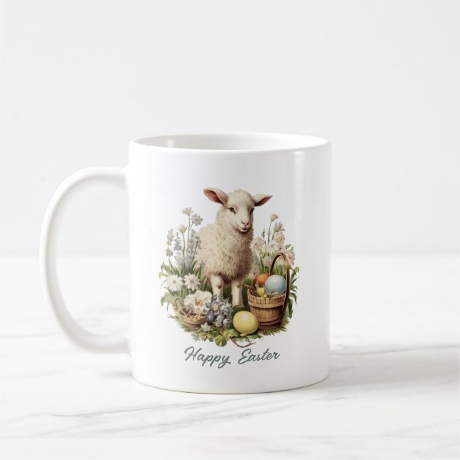 Vintages Osterlamm und bemalte Eier erdig Kaffeetasse (Links)