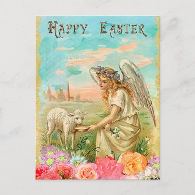 Vintages Osterlamm und Engel Feiertagspostkarte (Vorderseite)