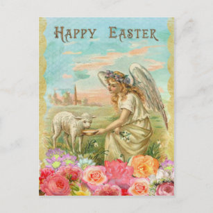 Vintages Ostern. Engel und Lamm Feiertagspostkarte