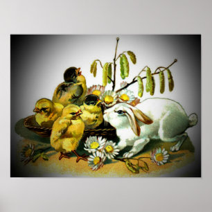 Vintages Osterweißes Kaninchen und Babychicke, ZSS Poster