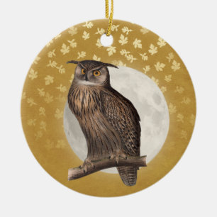 Vintages Owl and Moon on Gold mit Glittery-Blätte Keramik Ornament