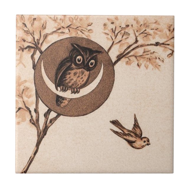 Vintages Owl auf dem Mond Fliese (Vorderseite)
