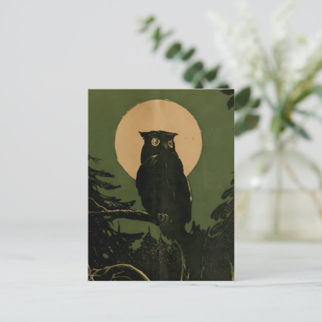 Vintages Owl in Mondlicht Halloween Art Postkarte (Stehend Vorderseite)