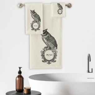 Vintages Owl Monogram Elfenbeinschwarz Badhandtuch Set