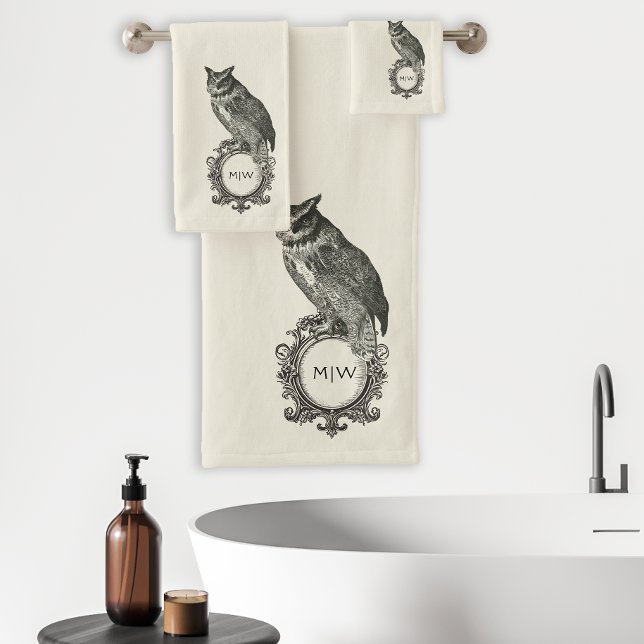 Vintages Owl Monogram Elfenbeinschwarz Badhandtuch Set (Von Creator hochgeladen)