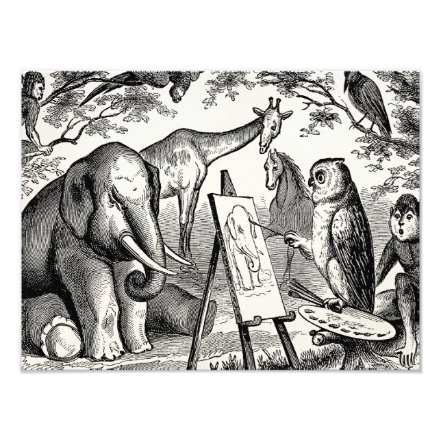 Vintages Owl Painting Elephant Dschungelszene 1800 Fotodruck (Vorne)