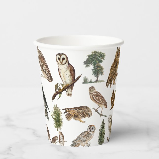 Vintages Owl Wasserfarbenwaldmuster Pappbecher (Vorderseite)