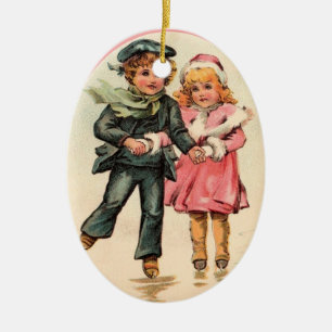 Vintages Paar-Eis-Skaten u. halten Hände Keramik Ornament