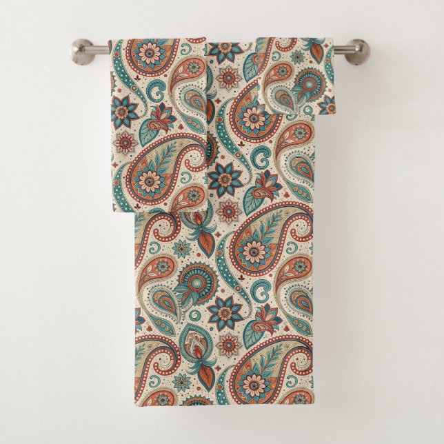 Vintages Paisley in Aquamariner Creme Badhandtuch Set (Insitu)