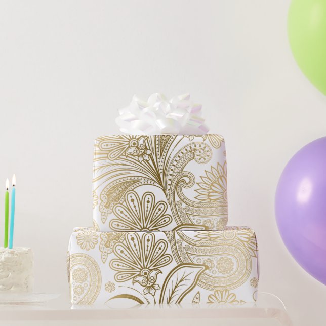 Vintages Paisley-Muster aus Gold und Weiß Geschenkpapier (Partygeschenke)