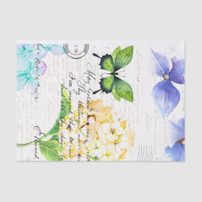 Vintages Papier mit grüner Schmetterlingsdekoupage (Vorderseite)