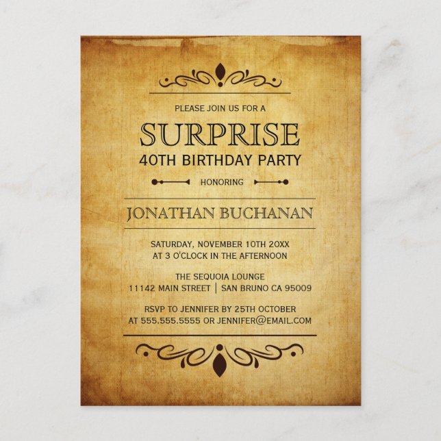 Vintages Papier | Überraschung Geburtstagsparty Ty Einladungspostkarte (Vorderseite)