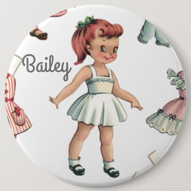 Vintages Papierpuppbild mit Kleidern Personalisier Button (Vorderseite)