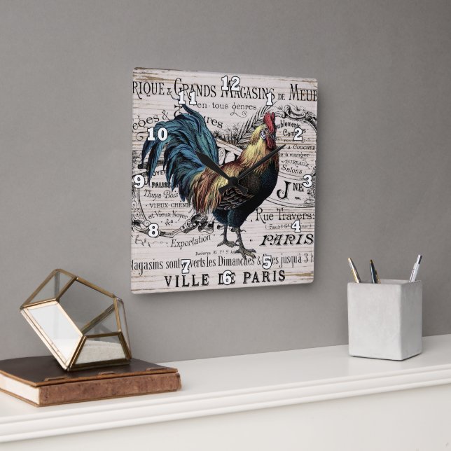 Vintages Paris Rooster Country-Dekor Quadratische Wanduhr (Büro)