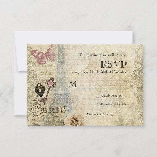 Vintages Paris Roses Lock & Key Wedding RSVP (Vorderseite)