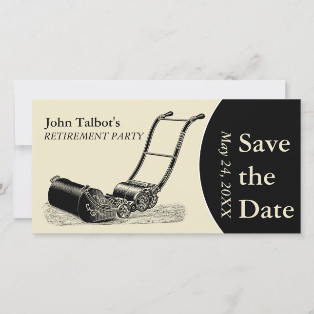VINTAGES Party für die Ruhestandszeit von Rasenmäh Save The Date (Vorderseite)