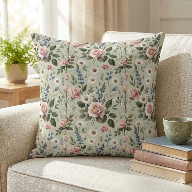 Vintages Pastell-florales botanisches Muster Kissen (Vintage Pastel Floral Botanical Pattern Throw Pillow Mockup A)