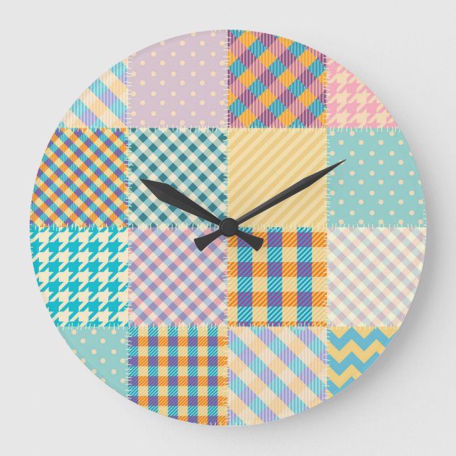 Vintages Patchwork: Textil - Nahtloser Hintergrund Große Wanduhr (Vorderseite)