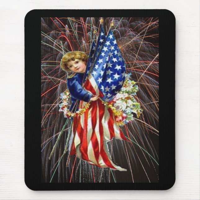 Vintages Patriotisches Kind und Feuerwerk Mousepad (Vorne)
