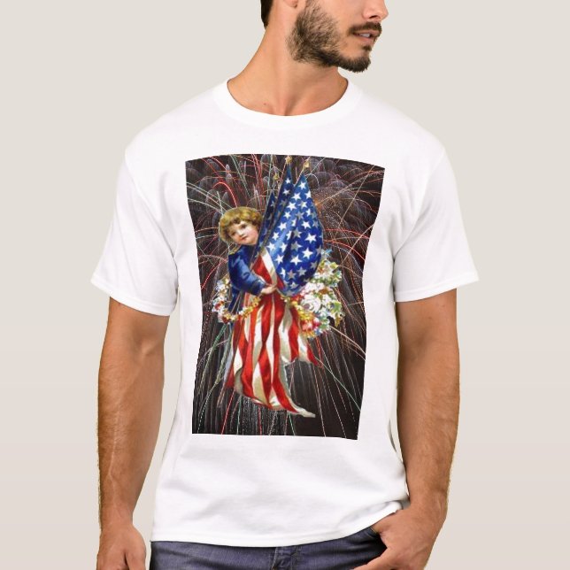 Vintages Patriotisches Kind und Feuerwerk T-Shirt (Vorderseite)