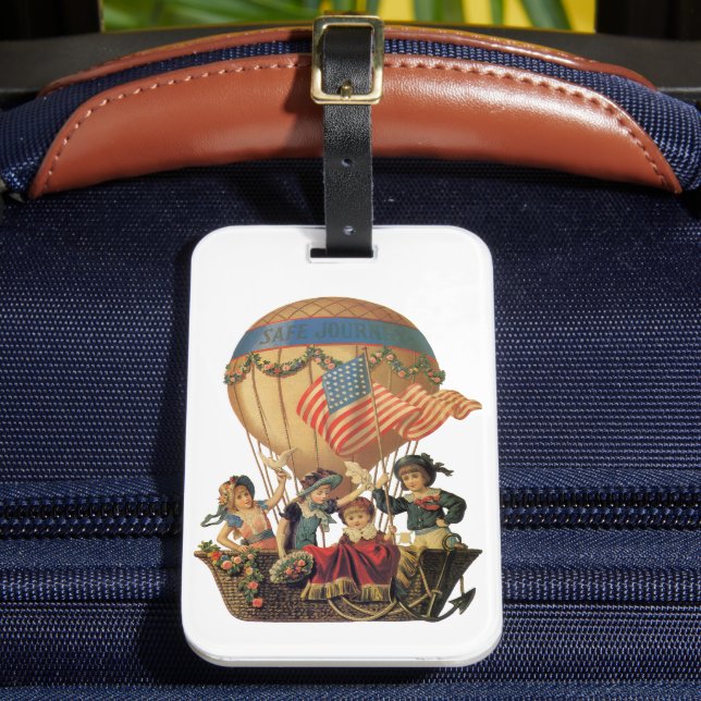 Vintages Patriotisches, Kinder in einem Heißluftba Gepäckanhänger (Vorderseite Insitu 2)