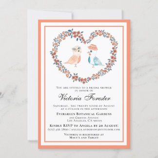 Vintages Peach Floral Love Birds Brautparty Einladung