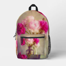 Vintages Peony Bouquet in Glass Vases Bedruckter Rucksack