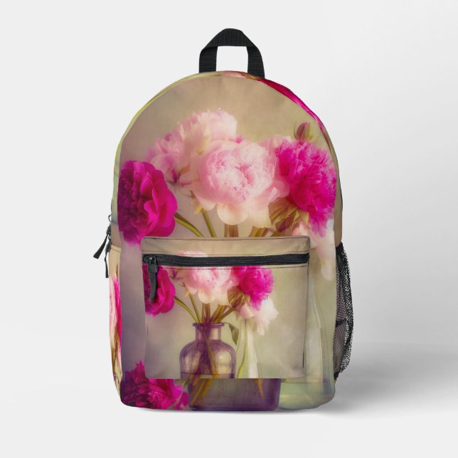 Vintages Peony Bouquet in Glass Vases Bedruckter Rucksack (Vorderseite)