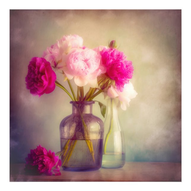 Vintages Peony Bouquet in Glass Vases Fotodruck (Vorne)