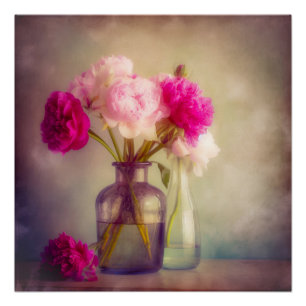 Vintages Peony Bouquet in Glass Vases Poster