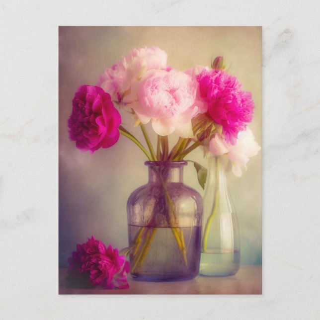Vintages Peony Bouquet in Glass Vases Postkarte (Vorderseite)