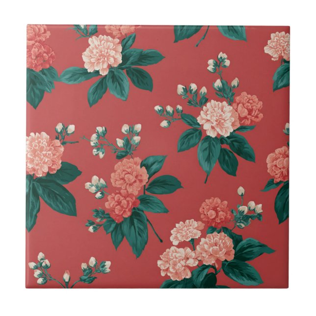 Vintages Peony Pattern - Maroon Hintergrund Fliese (Vorderseite)