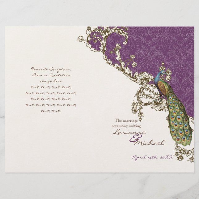 Vintages Pfau- und Etchings-Hochzeitsprogramm (Vorderseite)