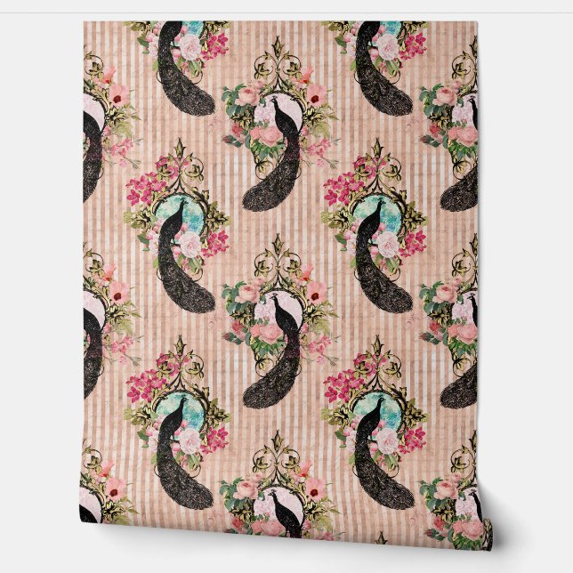 Vintages Pfauenfloral gestreiftes, rosa blaues Gla Tapete (Abrollen)