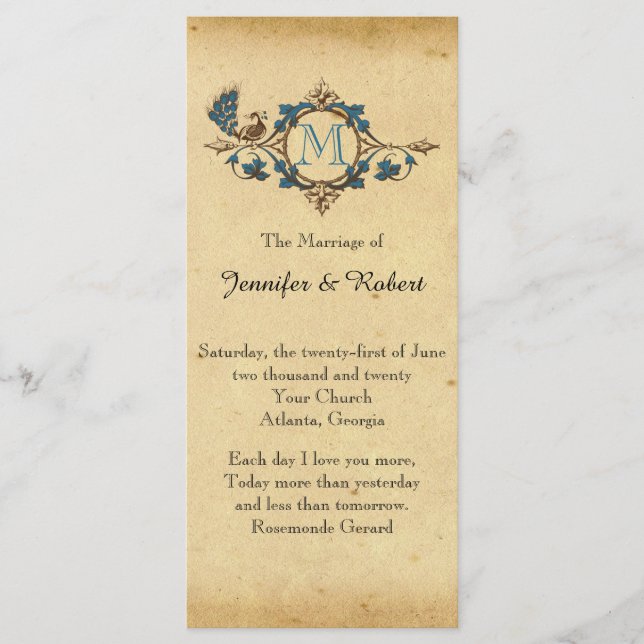 Vintages Pfauenmonogramm-Hochzeitsprogramm Programm (Vorderseite)