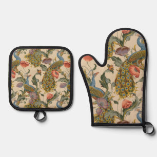 Vintages Pfauenmuster Farbenfrohe Kunst Ofenhandschuh & Topflappen-Set