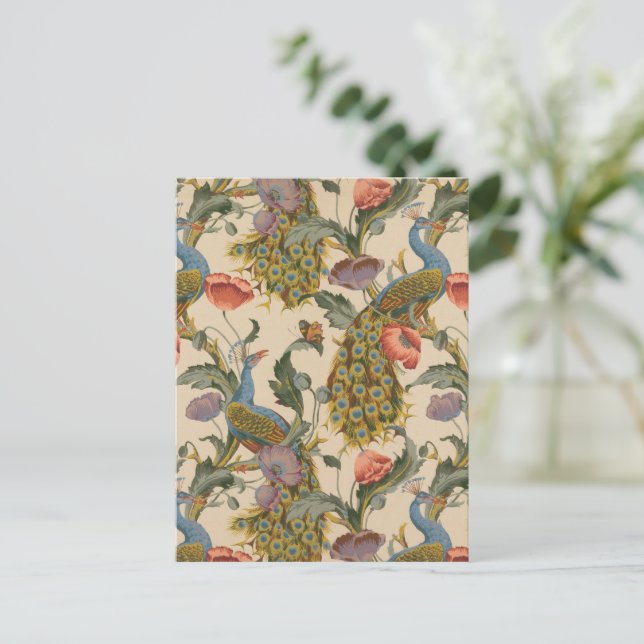 Vintages Pfauenmuster Farbenfrohe Kunst Postkarte (Stehend Vorderseite)